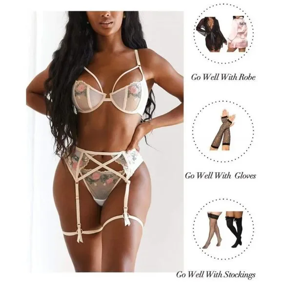 3 Piece Sexy Lingerie Garter Set, White
